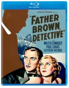 Blu-ray cover of "Father Brown, Detective" featuring illustrated faces of a man and woman in the foreground, with two police officers and a large brown silhouette in the background.