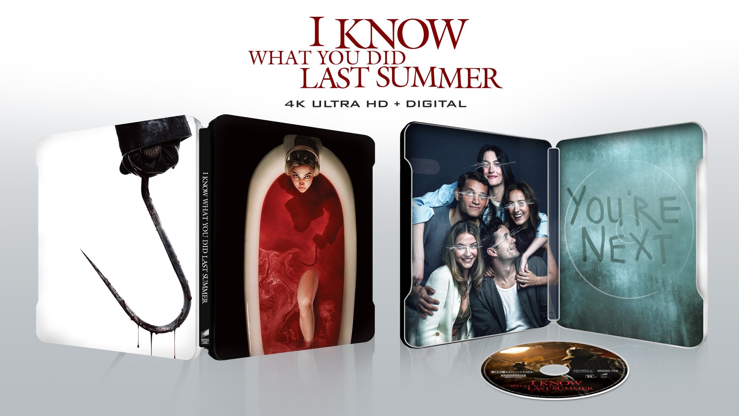Steelbook edition of "I Know What You Did Last Summer" 4K Ultra HD and digital set, showing cover art, open case with characters, and a disc.