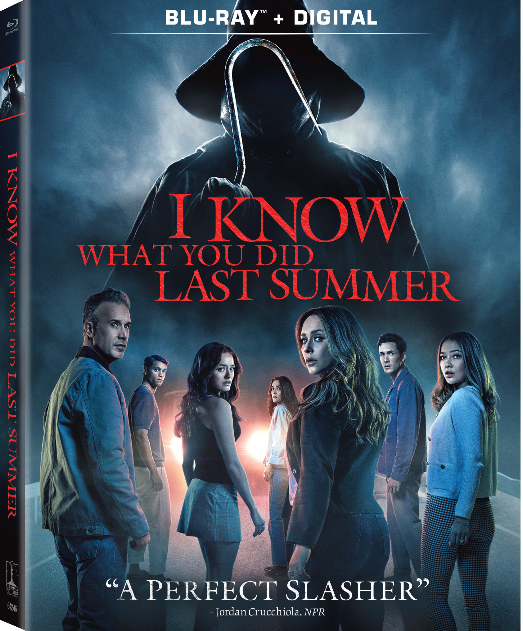Blu-ray cover of "I Know What You Did Last Summer" featuring a hooded figure in the background and seven main characters standing in front, with the tagline "A Perfect Slasher.