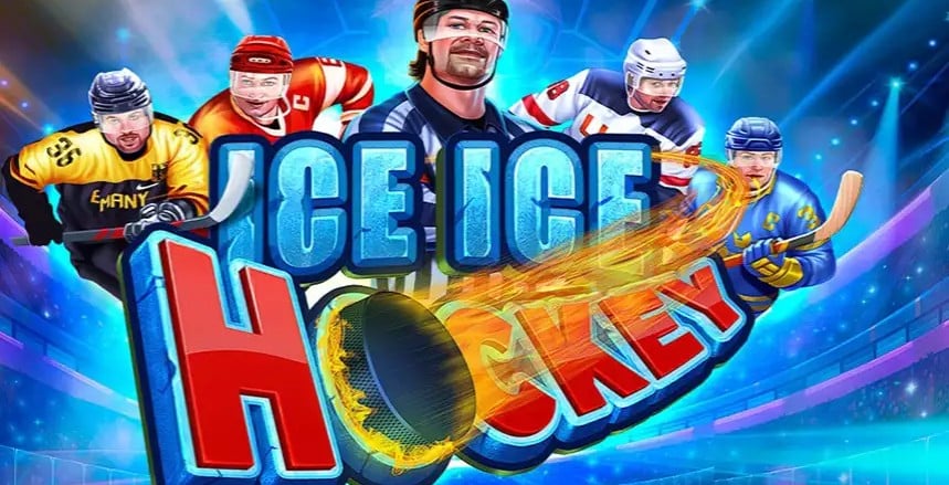 Five animated hockey players in colorful uniforms surround the text "Ice Ice Hockey," with a flaming hockey puck hitting the word "Hockey" against a blue stadium background.