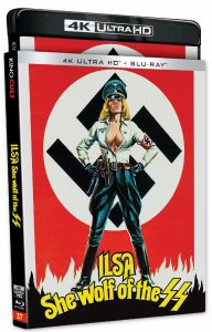 A 4K Ultra HD Blu-ray cover for "Ilsa, She Wolf of the SS," featuring a woman in a Nazi uniform standing in front of a large swastika.