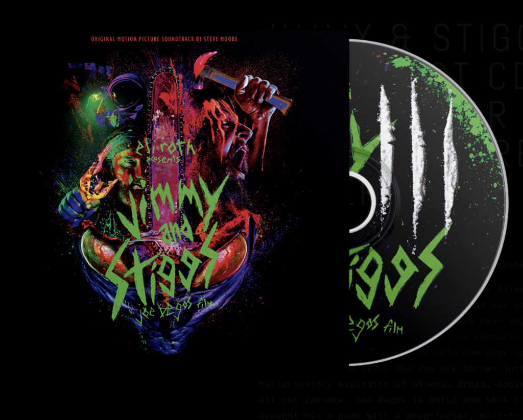 Album cover and CD for "Jimmy and Stygs" soundtrack, featuring neon-painted figures, a red hammer, and stylized green text on a black background.