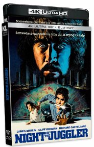 Blu-ray case for "Night of the Juggler" featuring a large, intense face above smaller figures in a dramatic scene, with film title and actors' names visible.