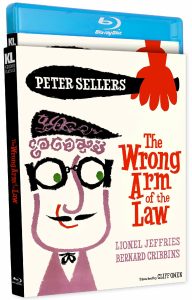 Blu-ray cover of "The Wrong Arm of the Law" featuring illustrated face, red gloved hand, and text with names Peter Sellers, Lionel Jeffries, Bernard Cribbins, directed by Cliff Owen.