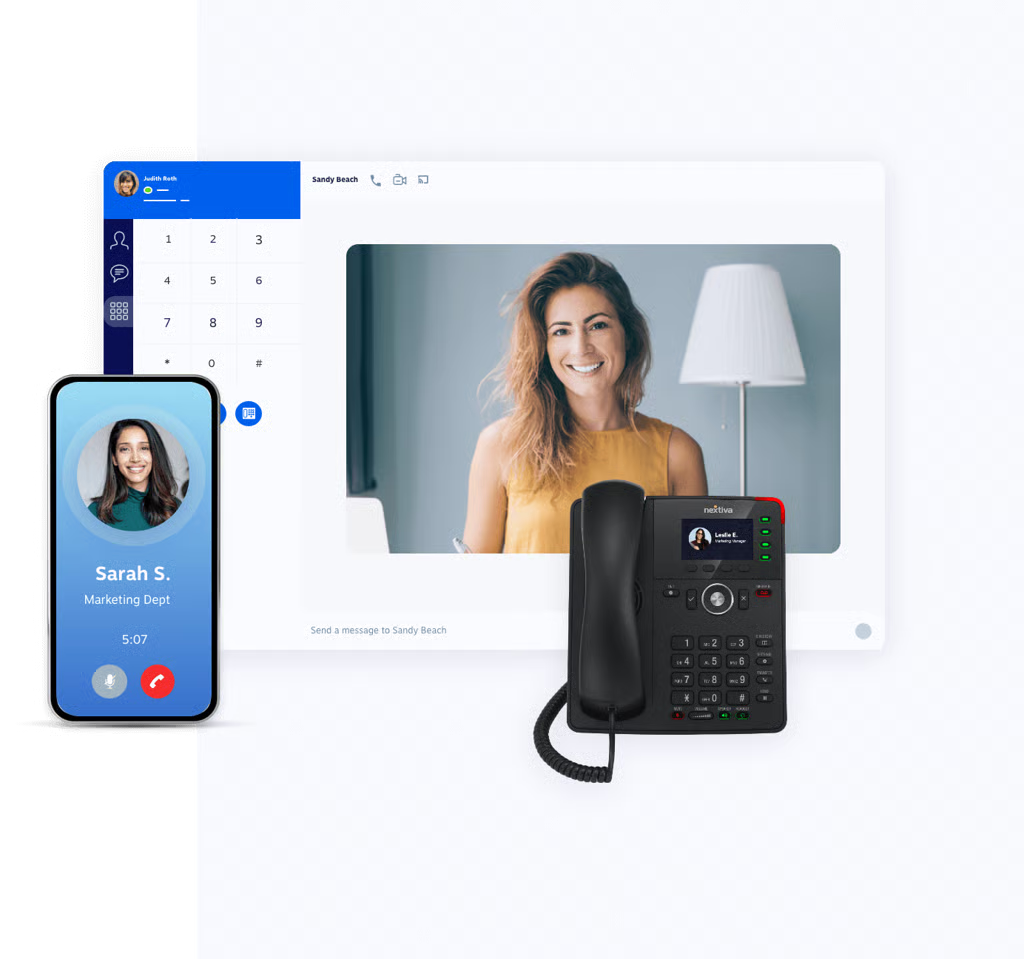 A composite image showing a smartphone call screen, a video call with a smiling woman on a computer, and a desk phone, illustrating various communication methods.