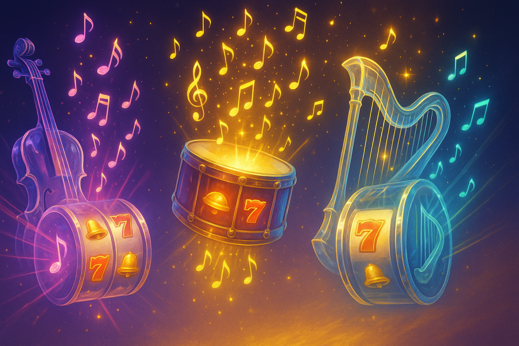Three slot machines shaped like a violin, drum, and harp emit colorful musical notes, blending themes of gambling and music.
