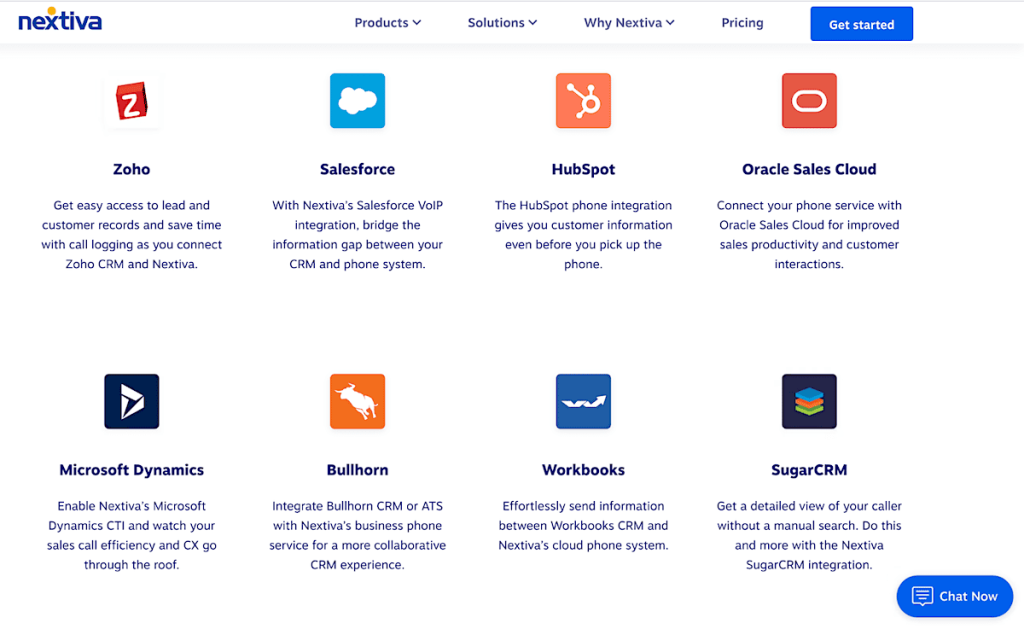 A grid of eight CRM software logos, each with a brief description of integration options with Nextiva, on a white background with blue accents.