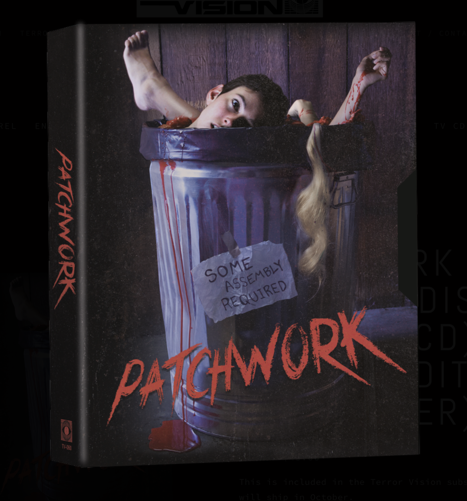 A book cover showing a person’s head, arms, and legs emerging from a bloody trash can, with a sign reading “Some Assembly Required” and the title “Patchwork” written below.