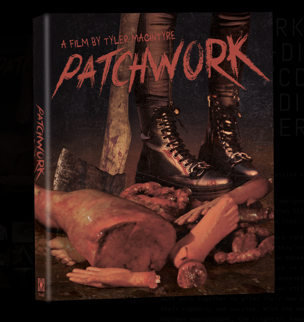 A film poster for "Patchwork" shows a pair of boots next to severed mannequin limbs, meat, and a meat cleaver on the ground.