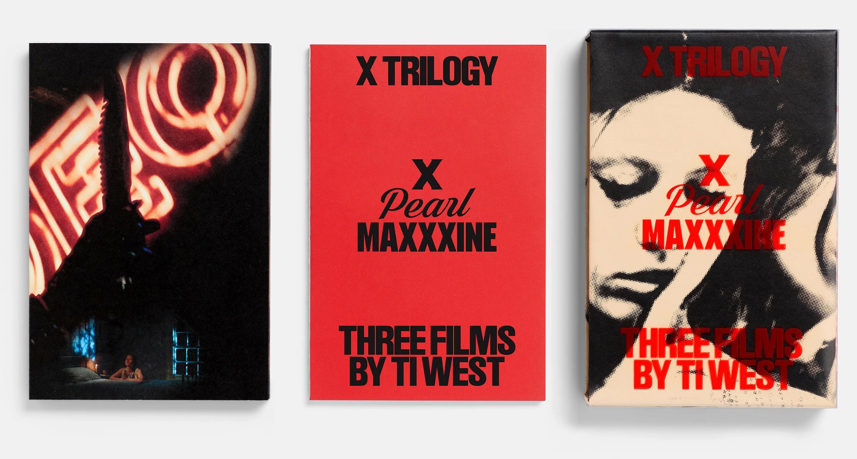 Three film cases from Ti West’s X Trilogy, featuring distinct cover designs and the titles “X,” “Pearl,” and “MaXXXine” with bold, stylized text.