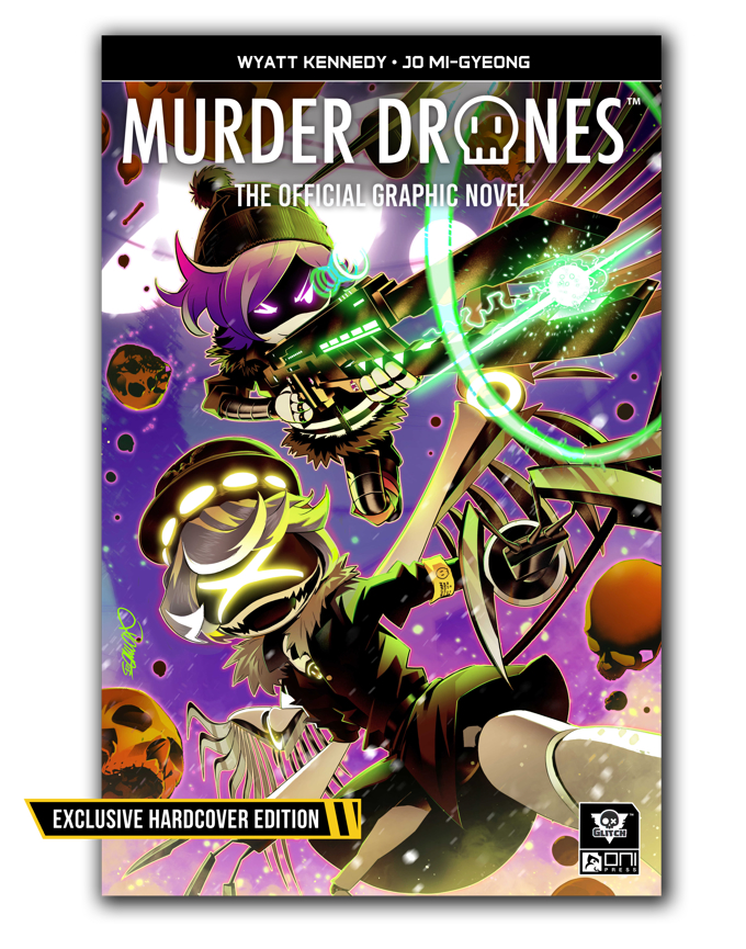 Cover of "Murder Drones: The Official Graphic Novel" featuring two robotic characters in dynamic fighting poses with glowing weapons and a purple background. Exclusive hardcover edition label.
