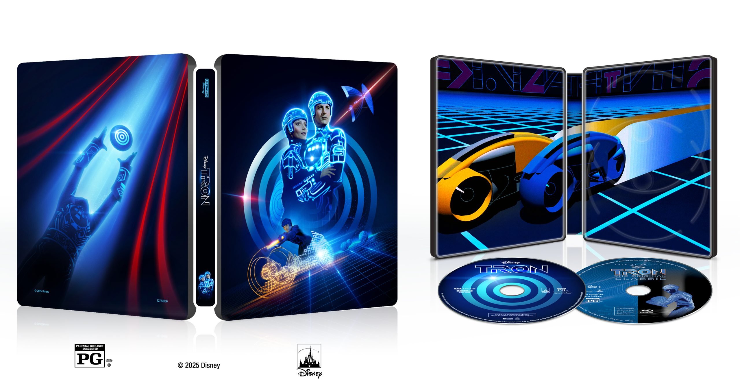 Steelbook case, open and closed, for Disney’s Tron films with vibrant blue and neon artwork, featuring characters, light cycles, and two Blu-ray discs displayed.
