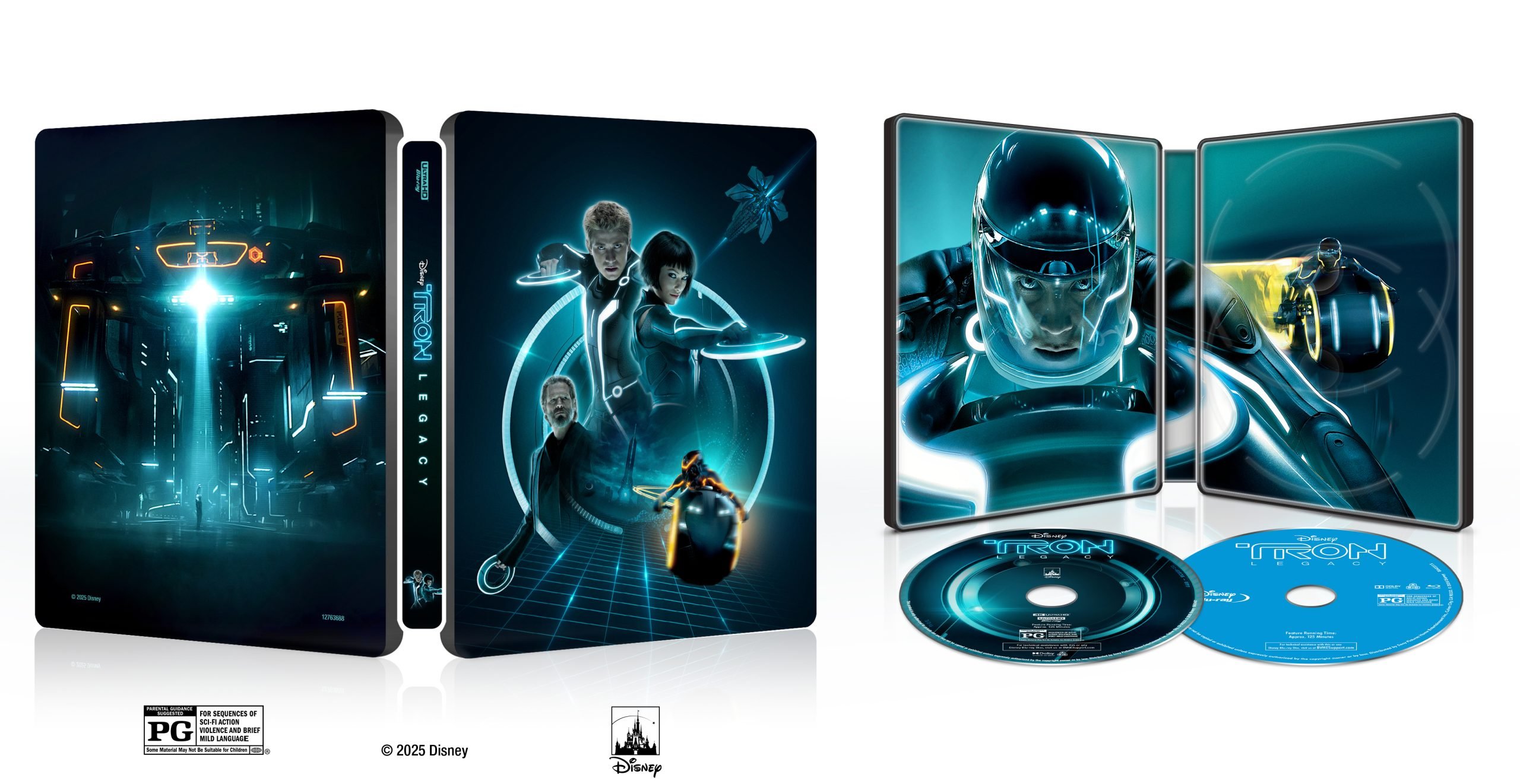 A steelbook case and open packaging for "Tron: Legacy" featuring futuristic artwork and two Blu-ray discs with Disney and PG rating logos visible.