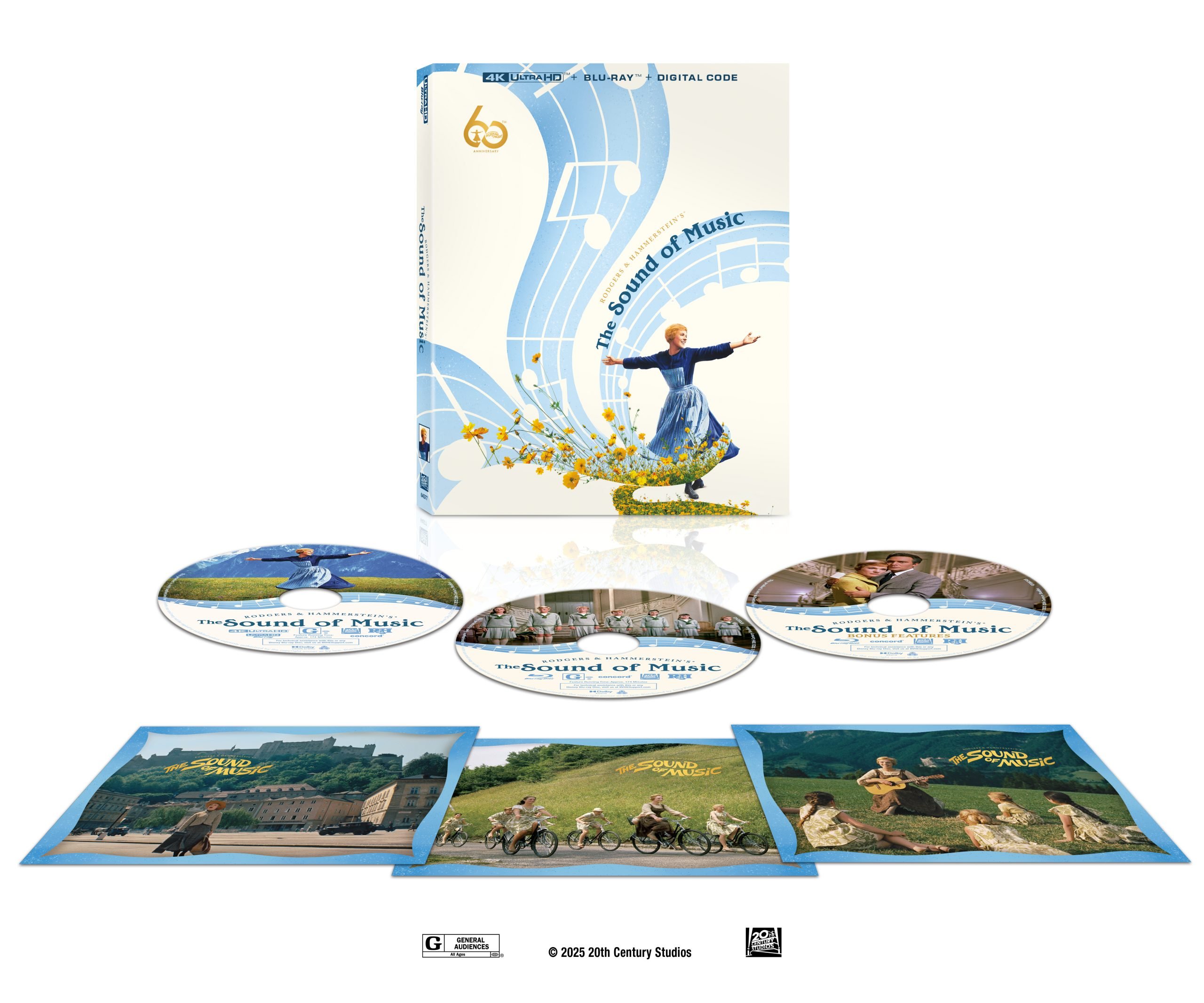 The Sound of Music 60th Anniversary box set with DVD case, three discs, and three square photo cards arranged in front.