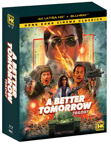Box set cover for "A Better Tomorrow Trilogy," showing three characters, a tank, and explosions; labeled as 4K Ultra HD and Blu-ray, with "Hong Kong Cinema Classics" at the top.