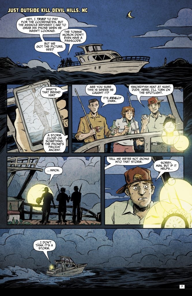A group stands by a docked yacht at night, checking a phone’s weather radar. Dark clouds and lightning approach as they discuss an incoming storm and reconsider their plans.