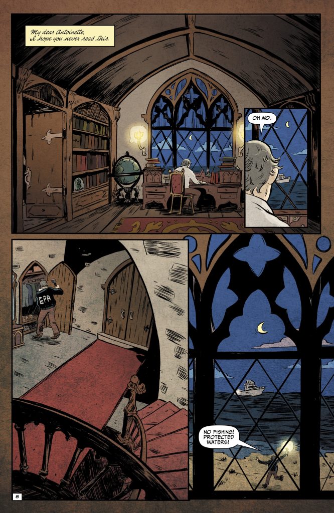 A comic page of a room with a man and a cat.