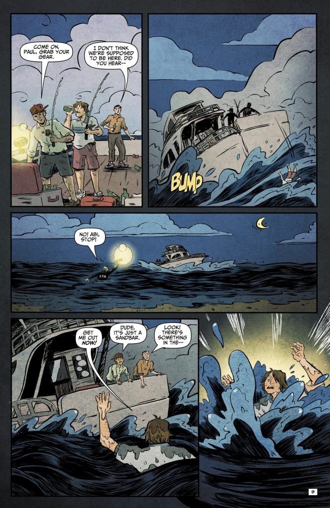 Three people fish on a boat at night. Their boat bumps into something, causing one man to fall overboard as the others watch in surprise.