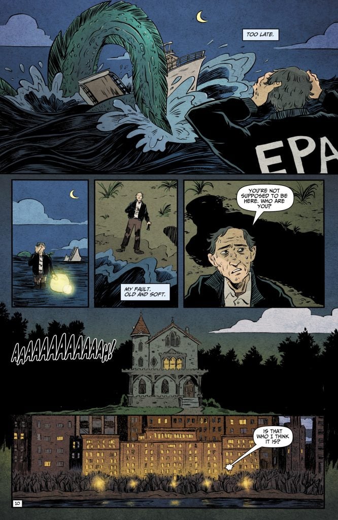 A large sea creature attacks a boat at night; an EPA agent observes from shore, then screams outside a lit-up building as tentacles rise from the water.