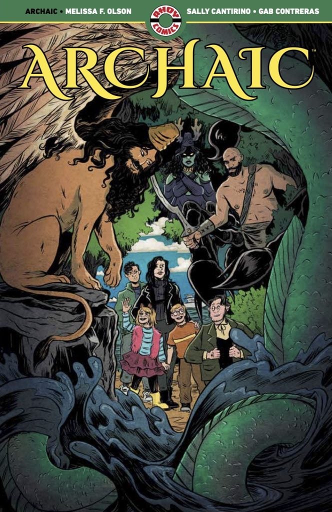 Comic book cover for "Archaic" showing a group of people and mythical creatures, including a sphinx and a horned figure, surrounded by large green foliage.