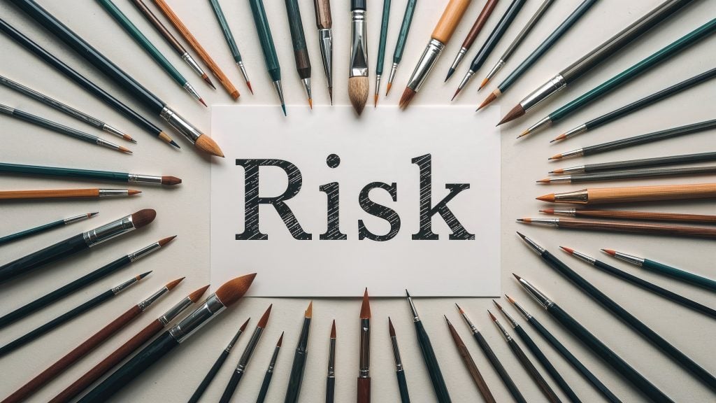 A white card with the word "Risk" is surrounded by various paintbrushes arranged in a radial pattern on a flat surface.
