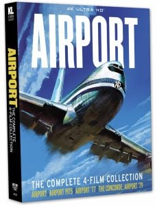 Box set cover for "Airport: The Complete 4-Film Collection" featuring artwork of an airplane and listing the four included films from 1970, 1975, 1977, and 1979.
