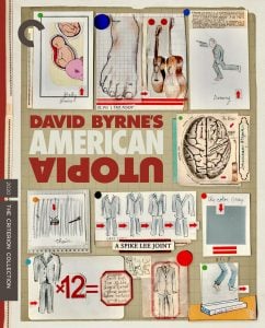 Collage of anatomical sketches, feet, suits, a brain, and drawings on a grid background with the title "David Byrne's American Utopia" in bold text at the center.