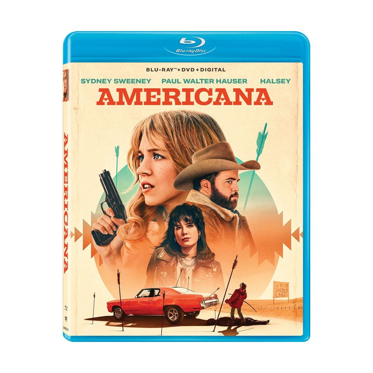 Blu-ray cover of the film "Americana" featuring Sydney Sweeney, Paul Walter Hauser, and Halsey, with illustrated images of the characters, a car, and desert scenery.