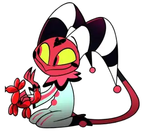 A cartoon jester character with red skin, yellow eyes, and a black-and-white jester hat holds a red balloon animal, sitting against a black background.