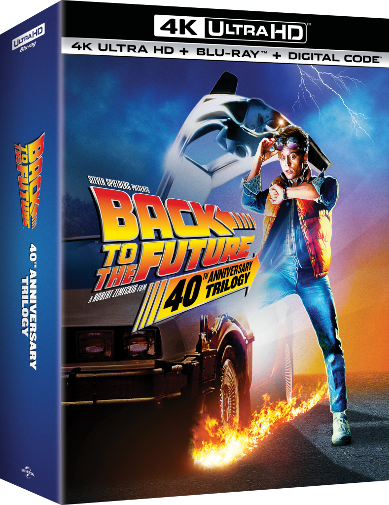 Box set cover for "Back to the Future 40th Anniversary Trilogy" in 4K Ultra HD, showing the DeLorean car and main character with lightning in the background.