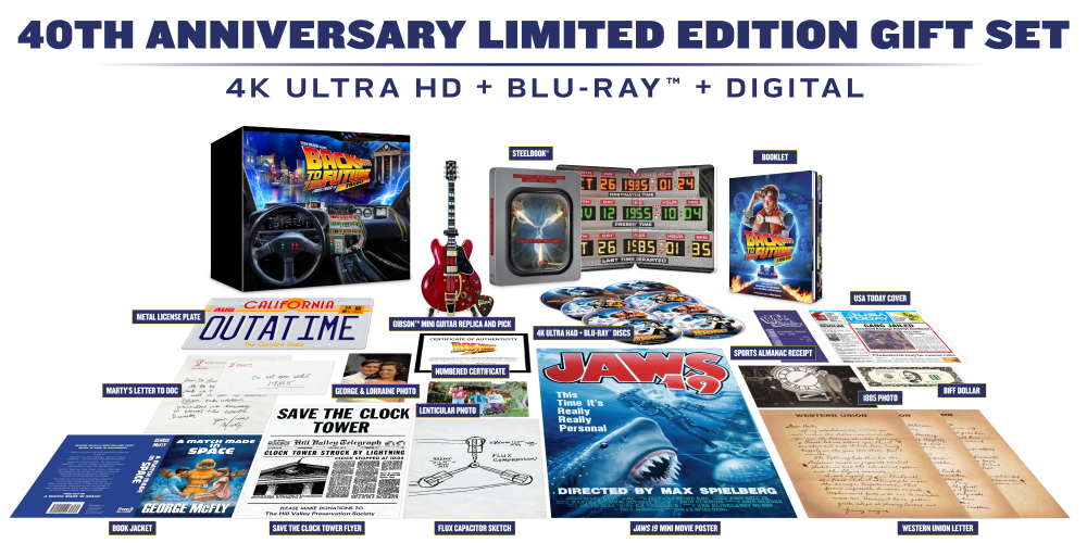 Back to the Future 40th Anniversary Limited Edition Gift Set includes 4K Ultra HD, Blu-ray, digital editions, memorabilia, posters, replica items, and collectible packaging.