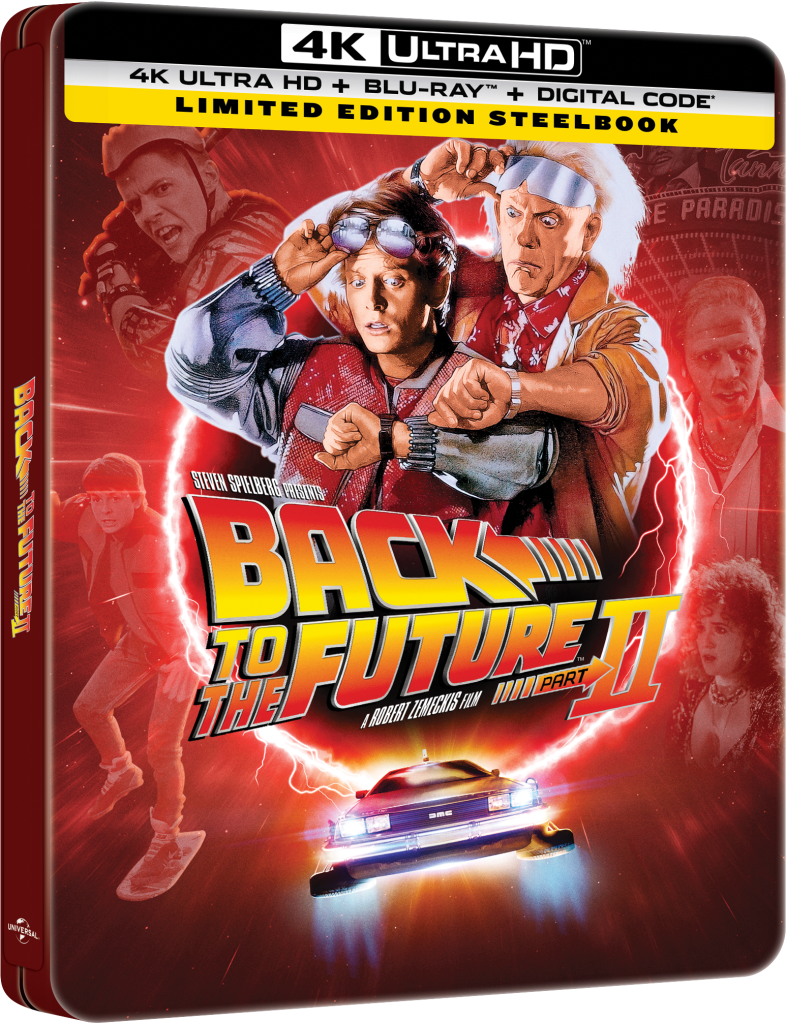 Steelbook cover of "Back to the Future Part II" 4K Ultra HD set, featuring Marty McFly, Doc Brown, a flying DeLorean, and scenes from the film in the background.