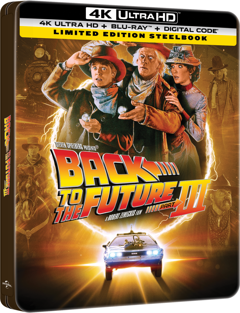 Steelbook case for "Back to the Future Part III" 4K Ultra HD, Blu-ray, and digital code, featuring characters in western attire and a DeLorean car with bright lights.