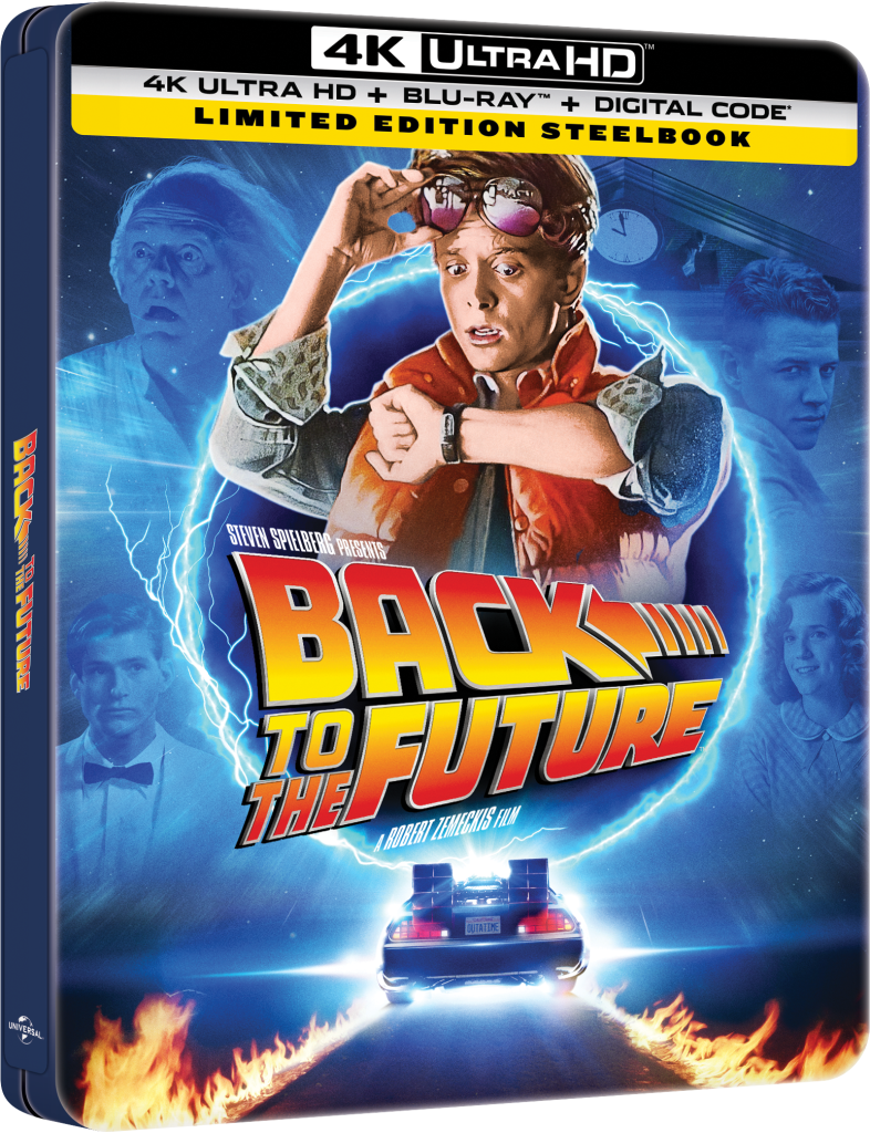 Steelbook cover for "Back to the Future" 4K Ultra HD, Blu-ray, and Digital Code set, featuring the main character, a DeLorean car, and other characters in the background.