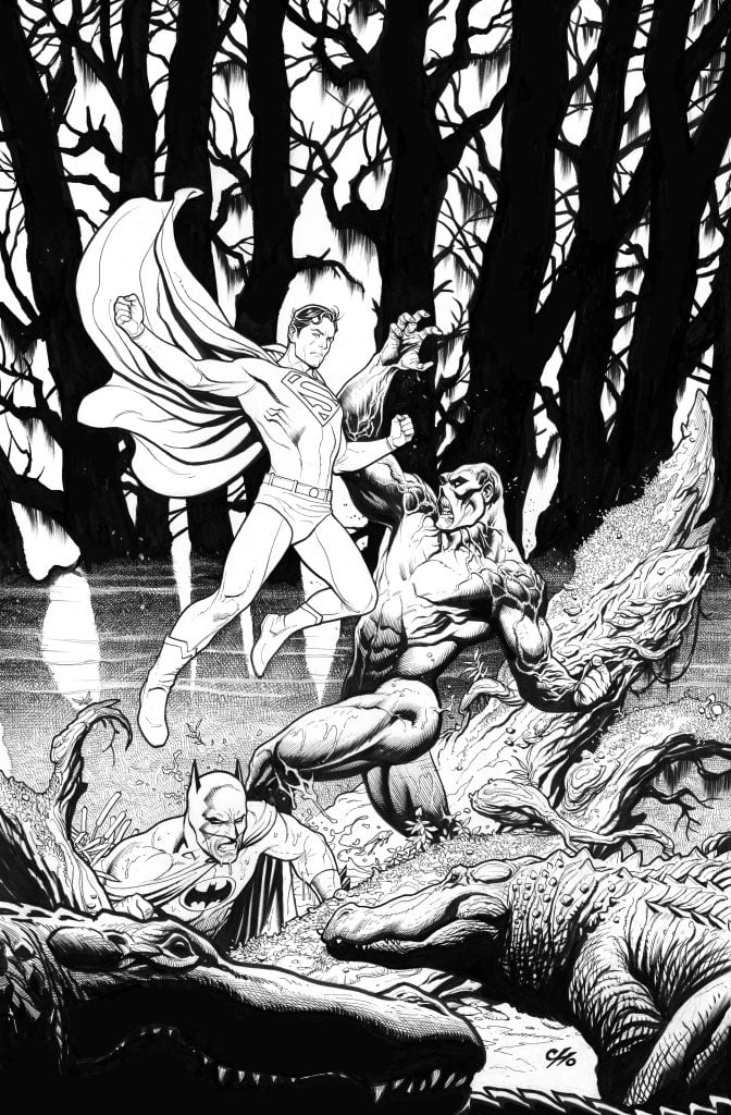 Superman hovers above a swamp, Swamp Thing battles an alligator, and Batman crouches near the water’s edge; dark trees fill the background.