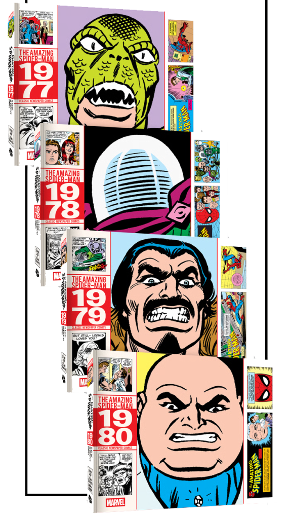 A vertical lineup of four "The Amazing Spider-Man" comic box sets from 1977 to 1980, each featuring an illustrated villain’s face and comic strip panels on the box sides.
