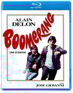 Blu-ray cover of the film "Boomerang" featuring two men running, with bold red title text and actor Alain Delon's name above. Directed by José Giovanni.