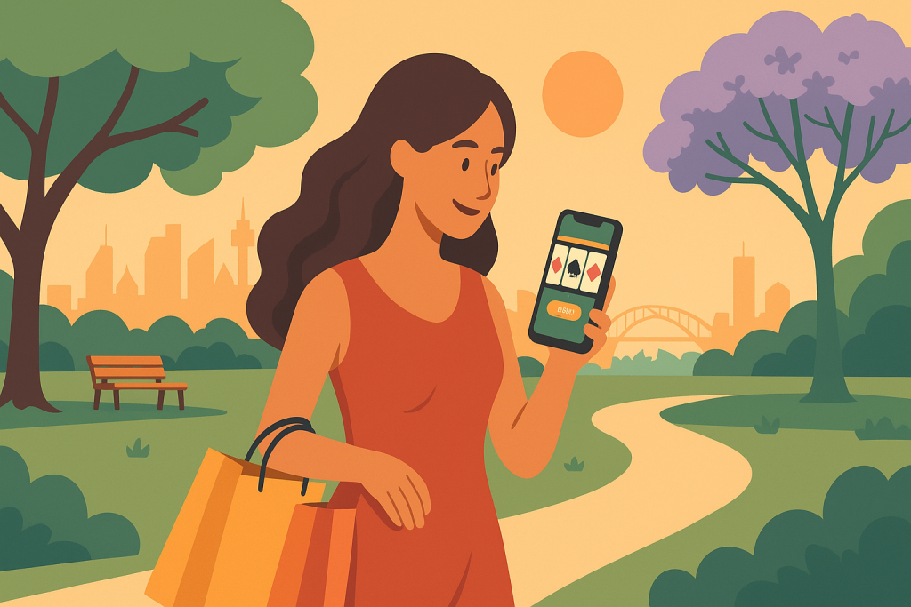 A woman holding shopping bags looks at her phone with a slot machine game on the screen while walking in a park.