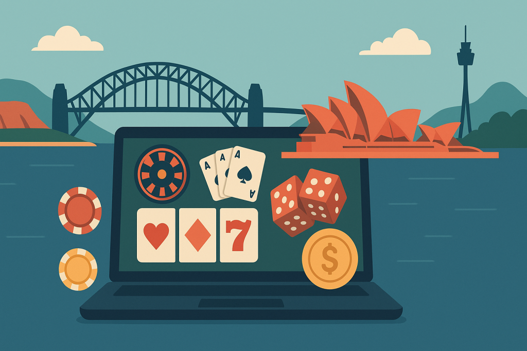 Illustration of a laptop displaying casino items with Sydney Opera House, the Harbour Bridge, and a tower in the background.