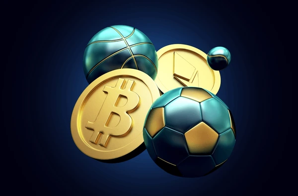 Gold coins with Bitcoin and Ethereum logos are shown alongside gold and blue basketball and soccer balls on a dark blue background.