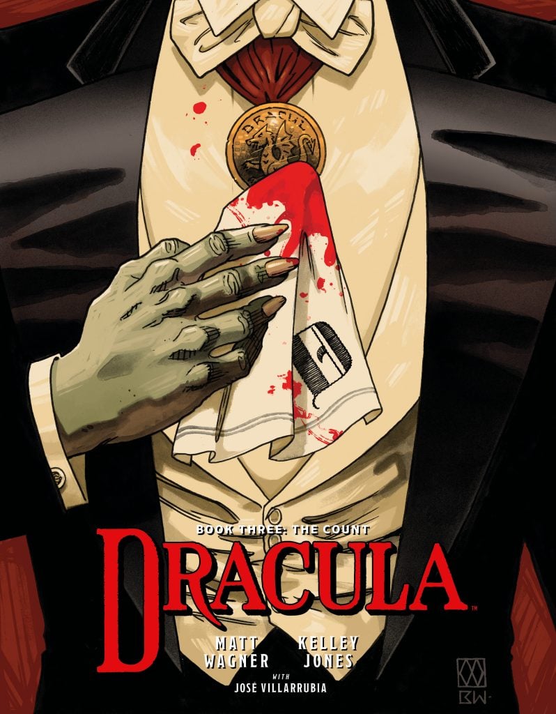 A green-skinned hand with claws wipes blood off a mouth with a handkerchief while wearing formal black and white attire; the word "Dracula" appears below.