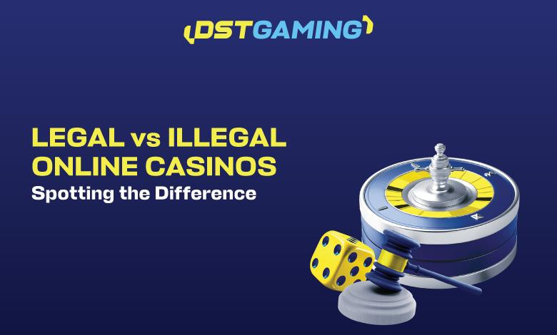 A graphic with the text "LEGAL vs ILLEGAL ONLINE CASINOS Spotting the Difference," featuring a roulette wheel, dice, and a judge's gavel on a blue background.