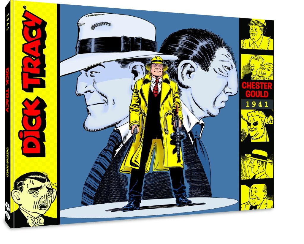 Comic book cover featuring Dick Tracy in a yellow coat and hat, with two large characters in the background and comic panels along the right side.