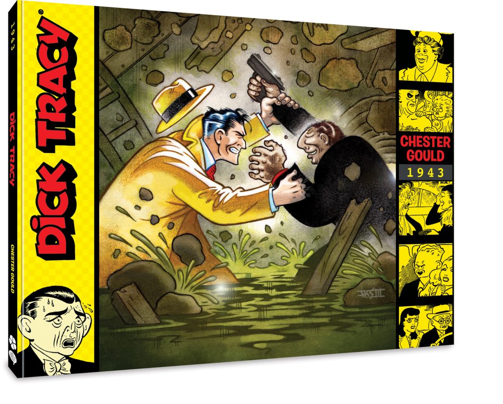 Comic book cover featuring Dick Tracy in a yellow coat grappling with a man in a swamp. Side panels show comic art and text reading "Dick Tracy," "Chester Gould," and "1943.