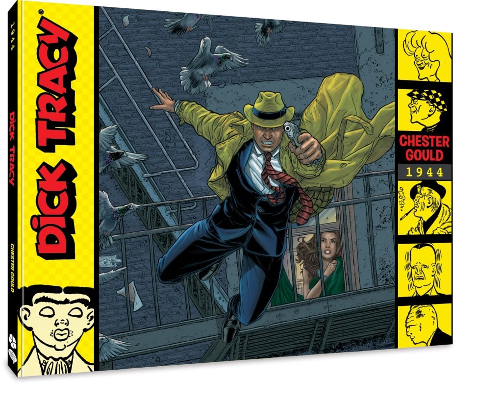 A comic-style illustration of Dick Tracy in a yellow coat and hat, leaping on a fire escape with a gun, with a woman and pigeons in the background.