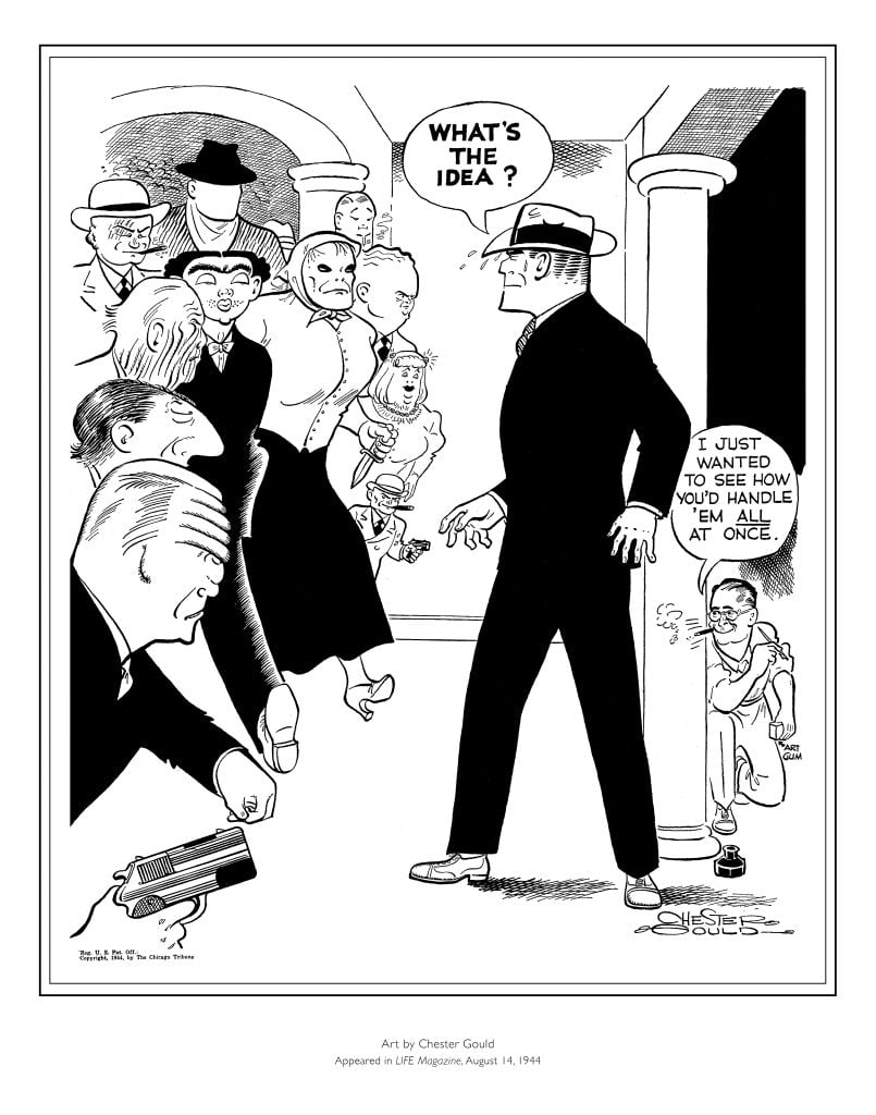 A man in a suit confronts a group of tough-looking people, while a boy peers from behind a column. The man says, "WHAT'S THE IDEA?" and the boy says, "I just wanted to see how you'd handle 'em all at once.