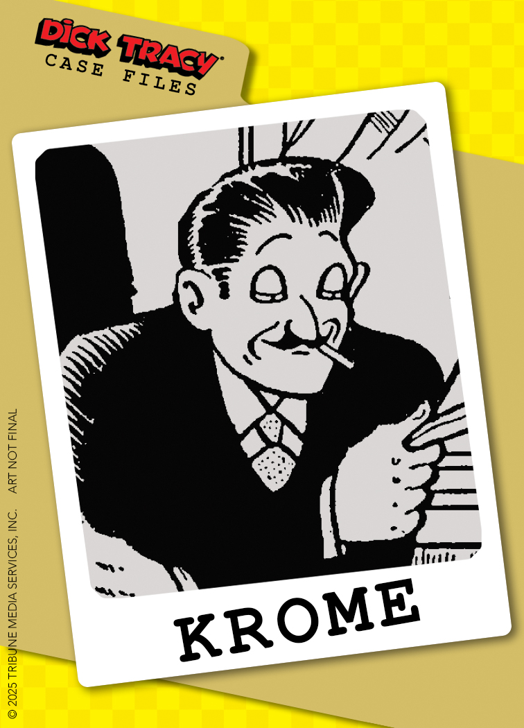 Black-and-white illustration of a man with slicked-back hair, closed eyes, and a cigarette in his mouth, labeled "KROME" on a file photo.