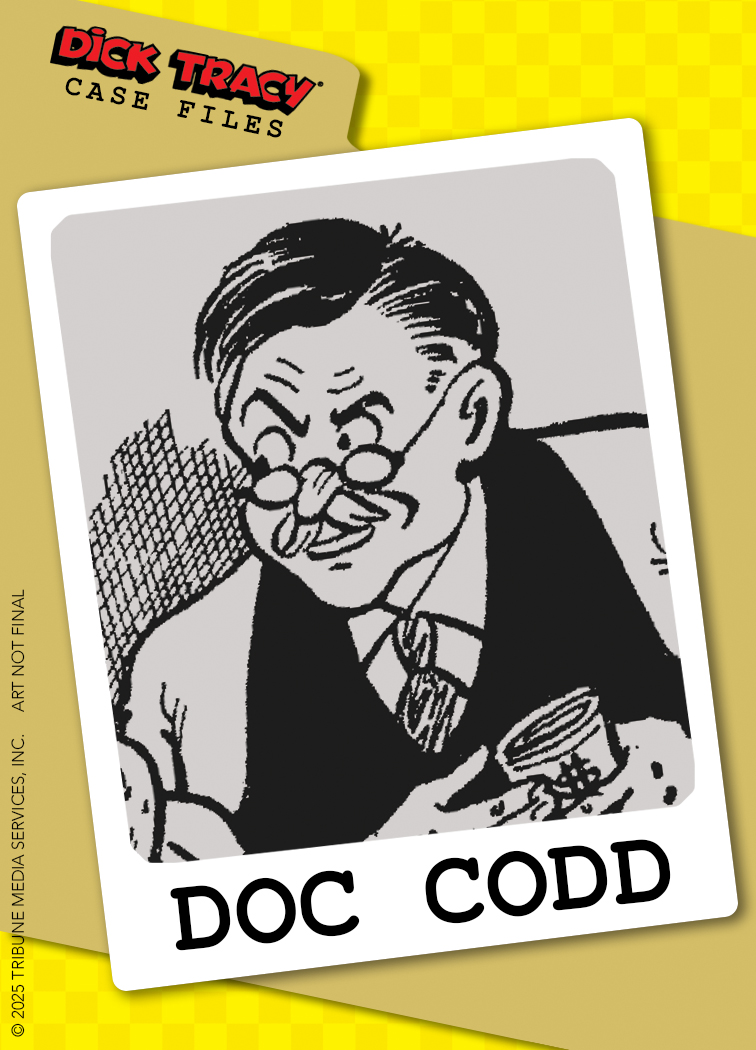 A black and white illustration of a man labeled "Doc Codd" wearing glasses and a tie, featured on a Dick Tracy Case Files card with a yellow background.