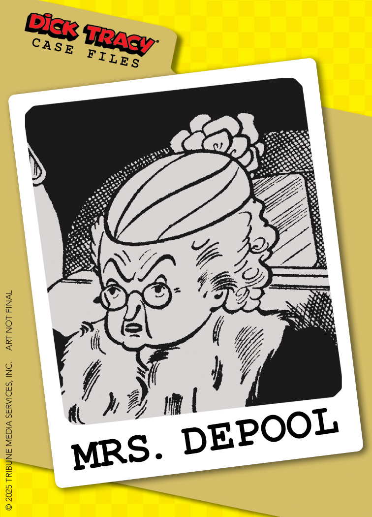 Black and white drawing of an elderly woman with glasses, a flower in her hair, and a labeled name "Mrs. Depool" at the bottom of the image.