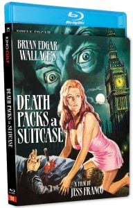 Blu-ray cover of "Death Packs a Suitcase" showing a woman in distress over a man lying on the ground, with Big Ben visible in the background.